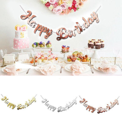 Happy Birthday Party Banner Decorations in Rose Gold Silver or Gold Bunting Garland - Silver