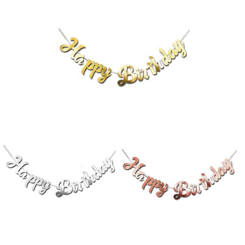 Happy Birthday Party Banner Decorations in Rose Gold Silver or Gold Bunting Garland - Silver