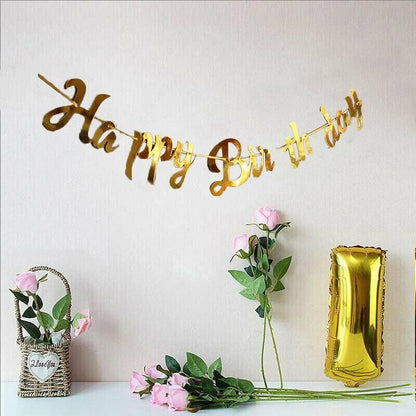 Happy Birthday Party Banner Decorations in Rose Gold Silver or Gold Bunting Garland - Silver