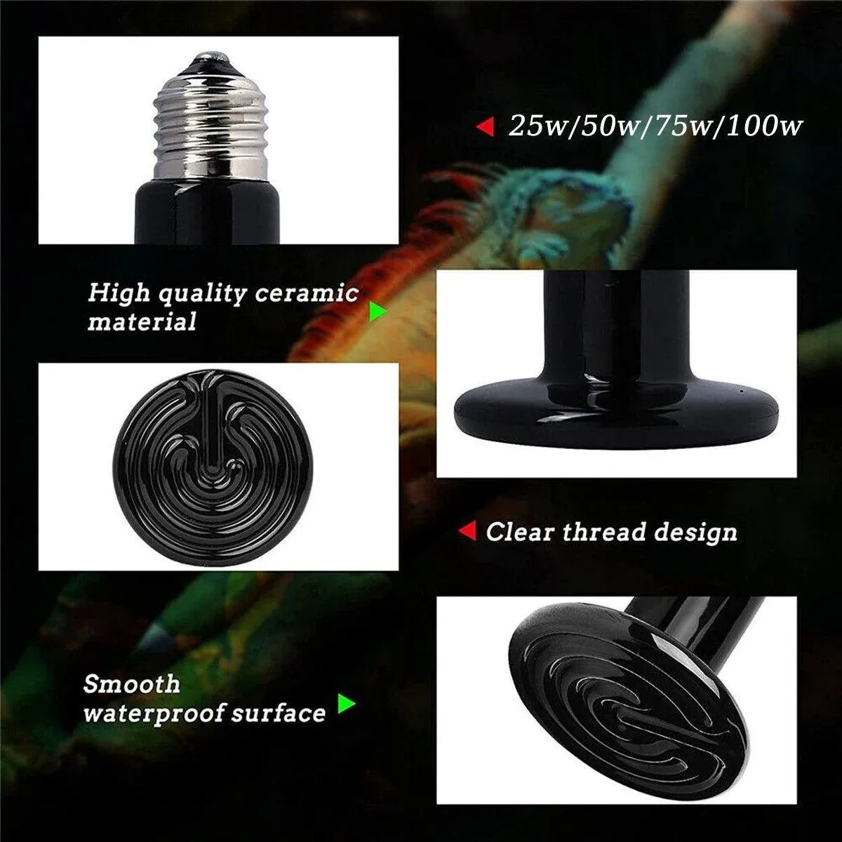 2X Ceramic Infrared Heat Lamp Bulbs for Reptiles and Terrariums - 25W-2PCS