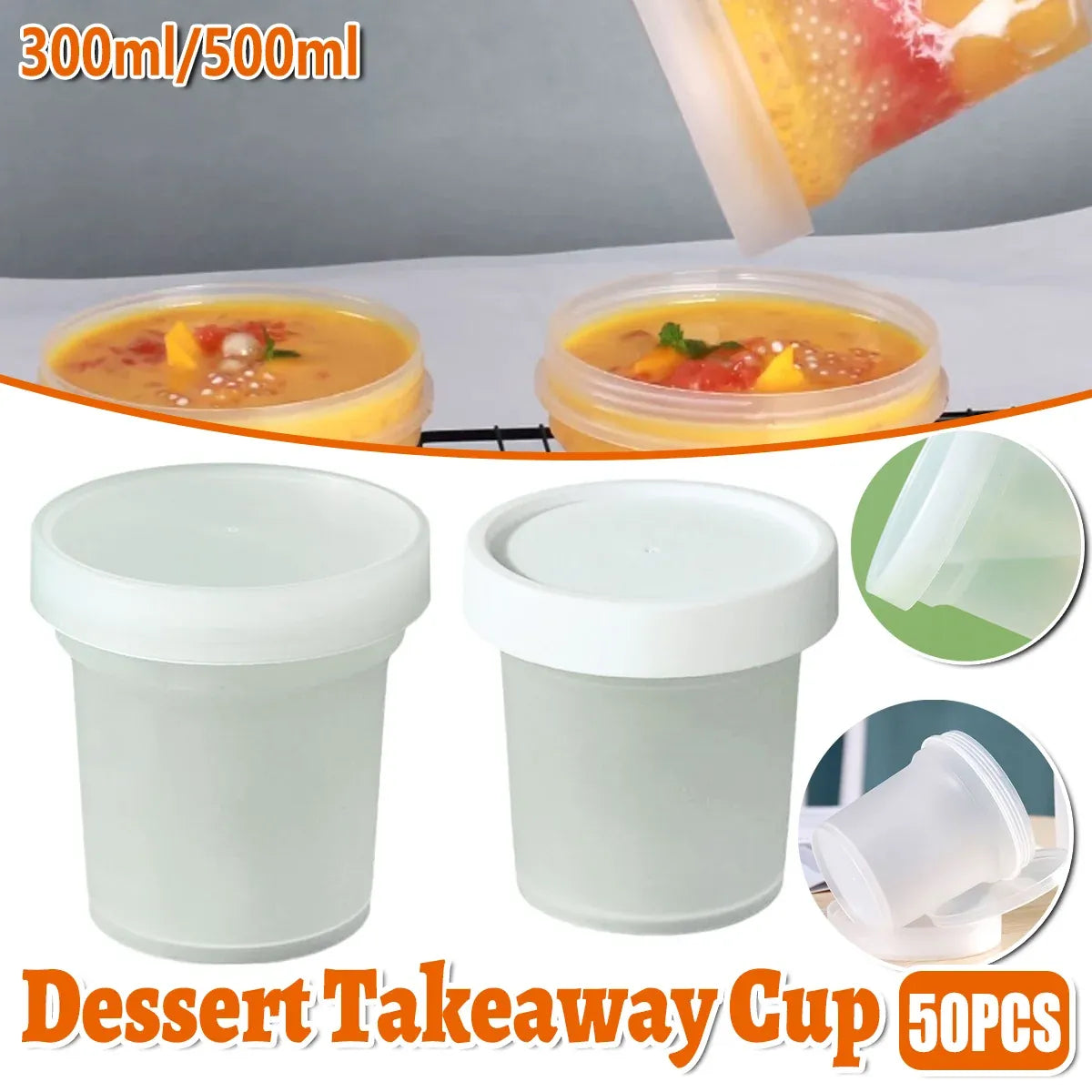 50pcs Dessert Packing Boxes 300ml 500ml Clear Takeout Cup Containers for Cake - 300ml