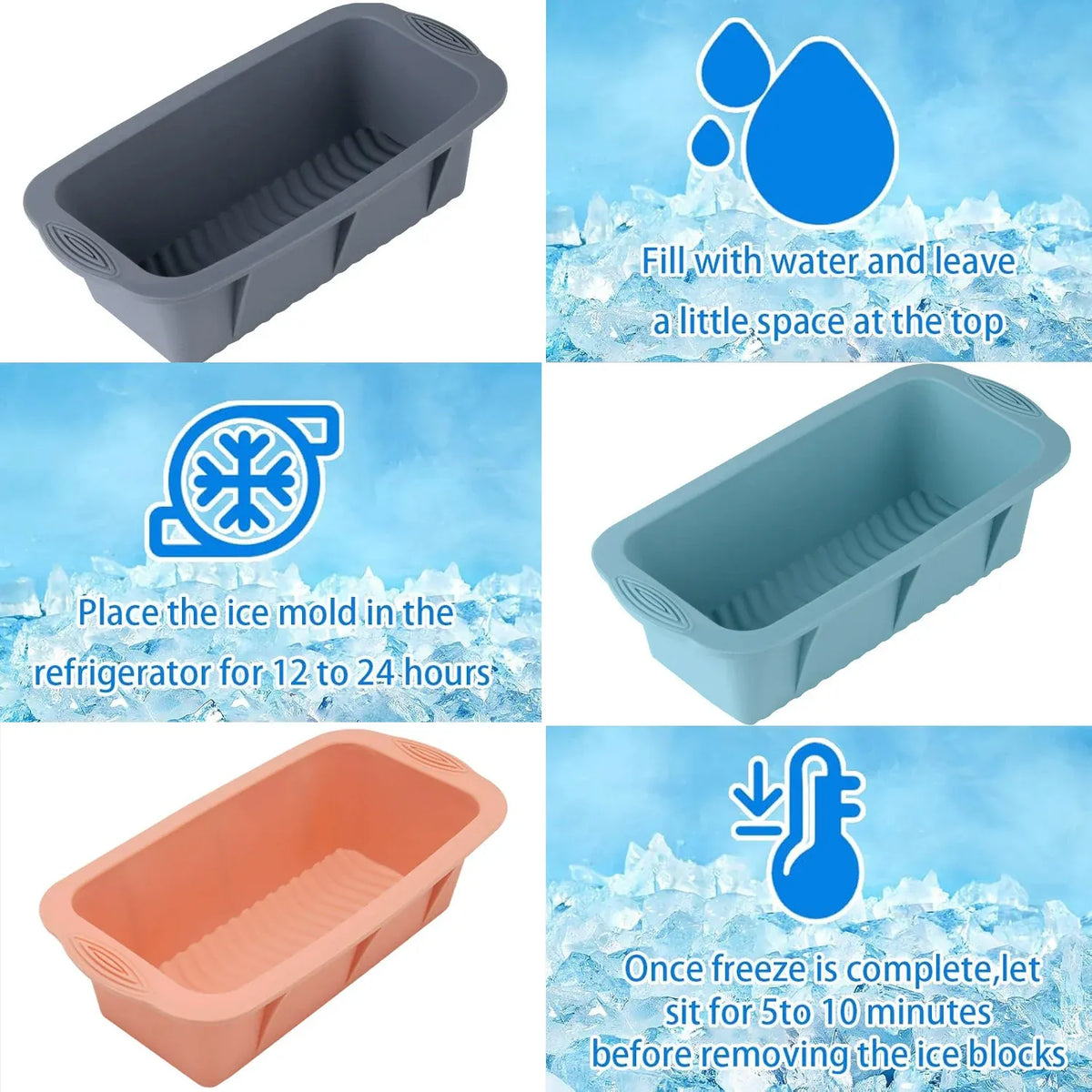 2pcs Large Capacity Ice Cube Tray Mold Rectangle Silicone Ice Grid Maker Kitchen - Grey
