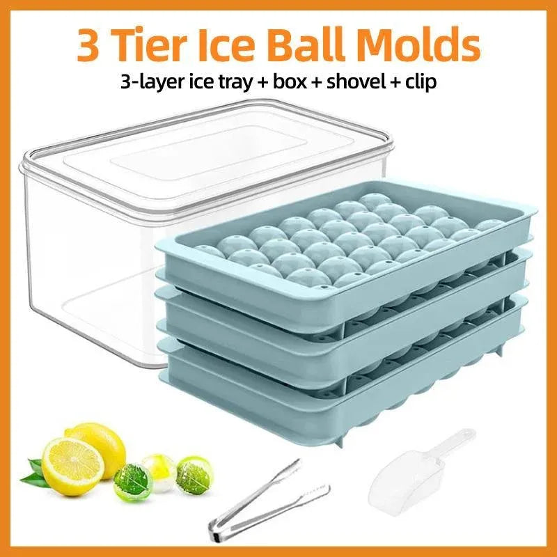 3 Layer Ice Cube Tray Mold Home Ice Compartment Press for Freezer Storage