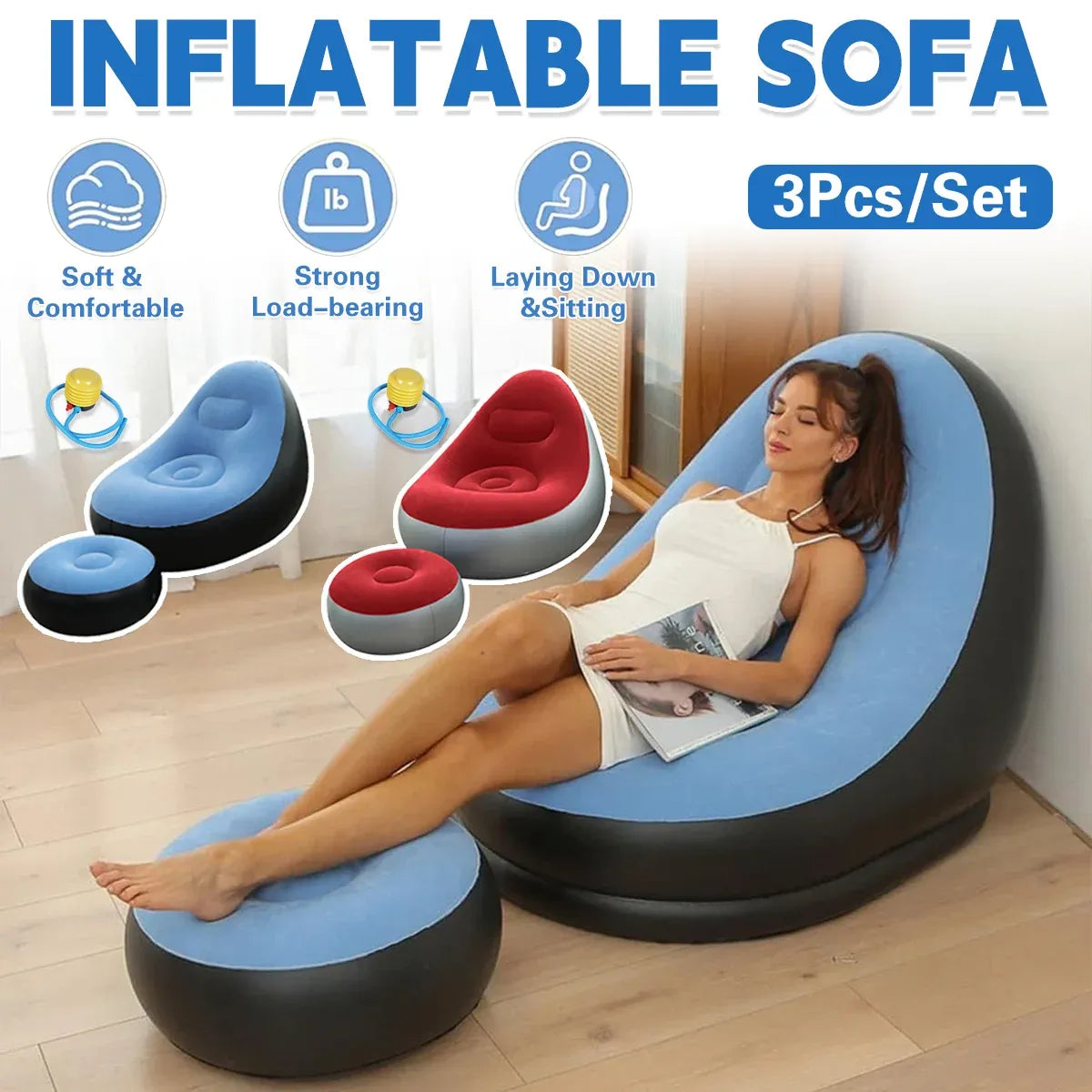 Inflatable Folding Lazy Sofa Chair PVC Air Recliner With Pump Backrest Seat Bed - Blue