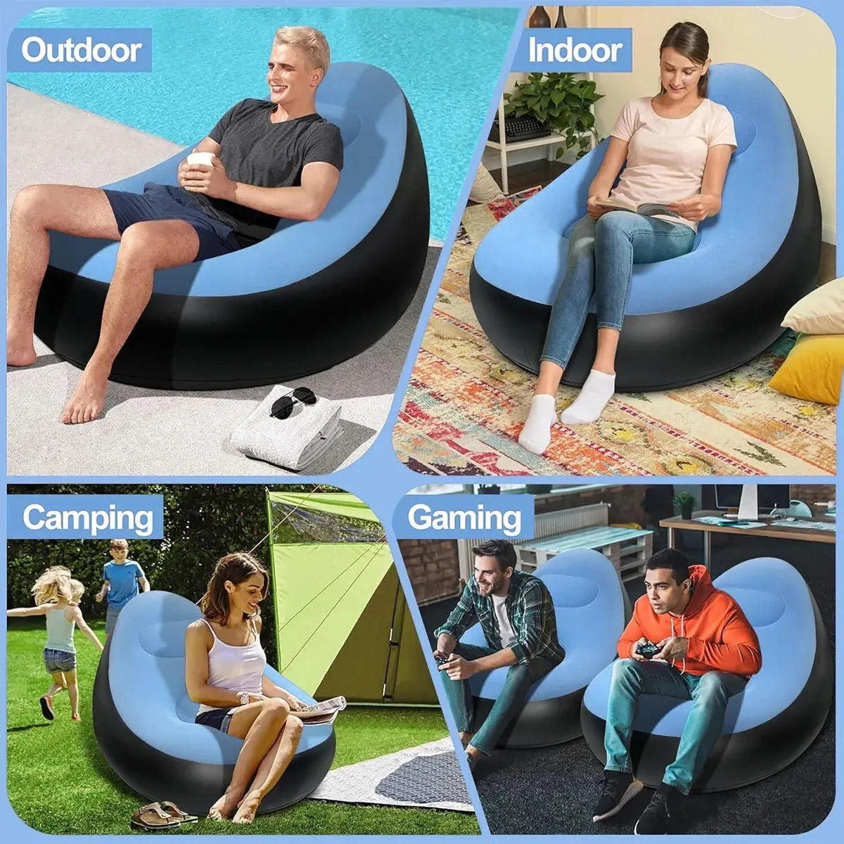 Inflatable Folding Lazy Sofa Chair PVC Air Recliner With Pump Backrest Seat Bed - Blue