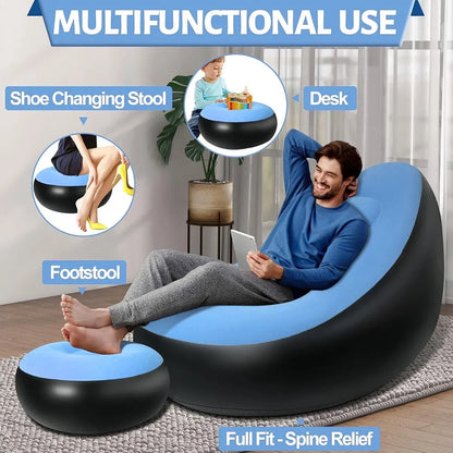 Inflatable Folding Lazy Sofa Chair PVC Air Recliner With Pump Backrest Seat Bed - Blue