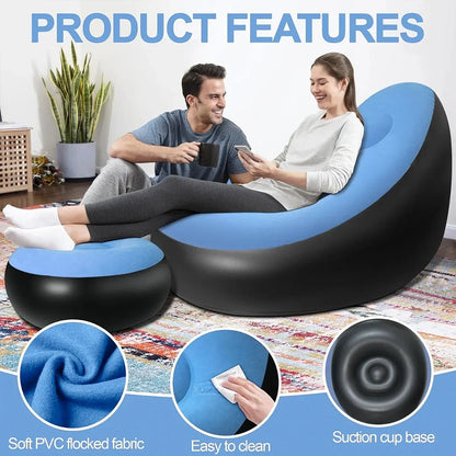 Inflatable Folding Lazy Sofa Chair PVC Air Recliner With Pump Backrest Seat Bed - Blue