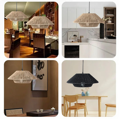 Hand Woven Paper Rope Pendant Lampshade Boho Rattan Style - Black