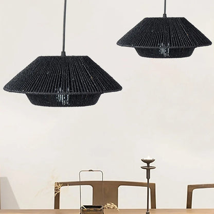 Hand Woven Paper Rope Pendant Lampshade Boho Rattan Style - Black