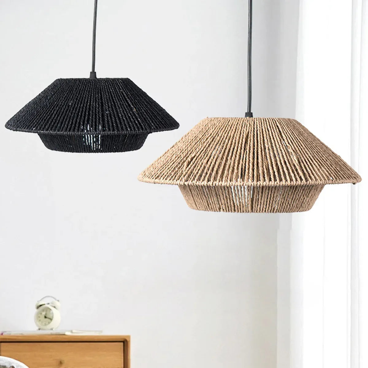 Hand Woven Paper Rope Pendant Lampshade Boho Rattan Style - Black