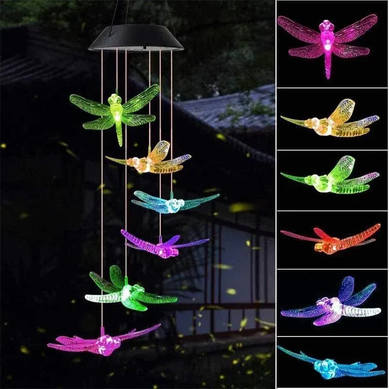 Wind Chimes Solar Powered Led Lights Changing Hanging Garden Yard Outdoor Decor - Dragonfly