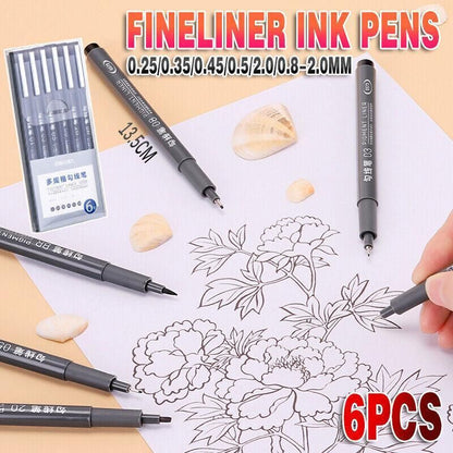 6 Pcs Set 6 Sizes Micro Pen Fineliner Ink Pens Waterproof Fine Point Line Black