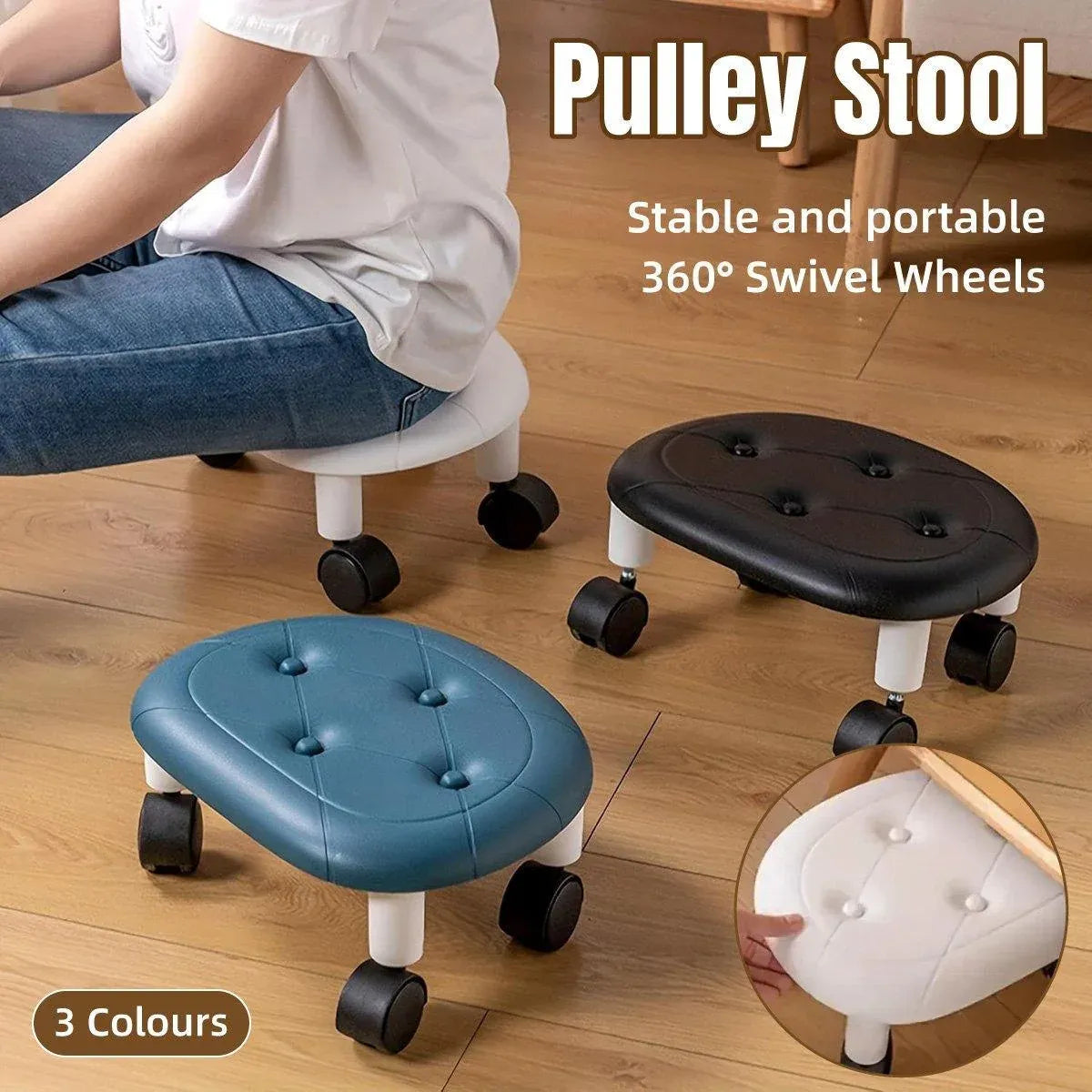 Imitation Leather Low Stool with Wheels Modern Bedroom Living Room Plastic Bench - Black