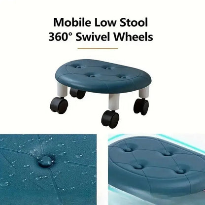 Imitation Leather Low Stool with Wheels Modern Bedroom Living Room Plastic Bench - Black