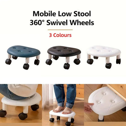 Imitation Leather Low Stool with Wheels Modern Bedroom Living Room Plastic Bench - Black