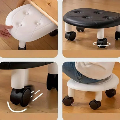 Imitation Leather Low Stool with Wheels Modern Bedroom Living Room Plastic Bench - Black