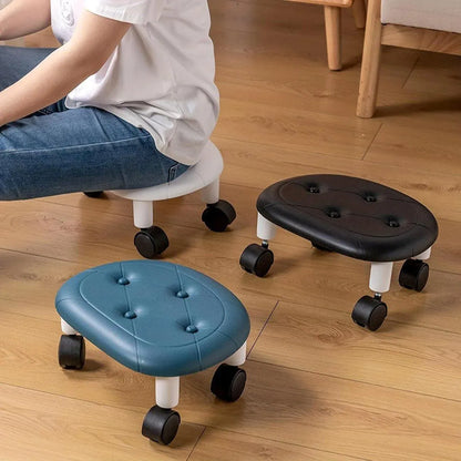 Imitation Leather Low Stool with Wheels Modern Bedroom Living Room Plastic Bench - Black