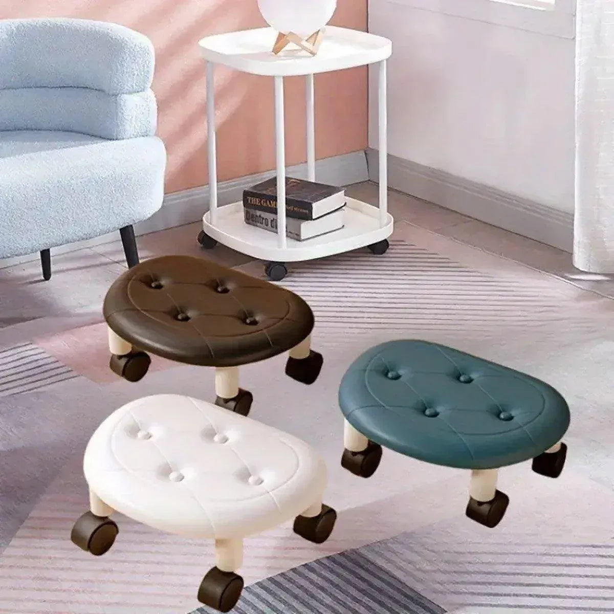 Imitation Leather Low Stool with Wheels Modern Bedroom Living Room Plastic Bench - Black