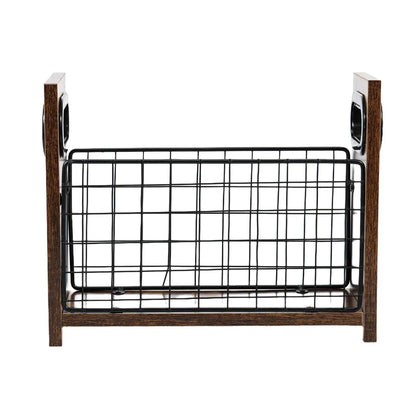 Wooden Desktop Storage Basket Wire Iron Combination Organiser Rustic 29x12x23cm