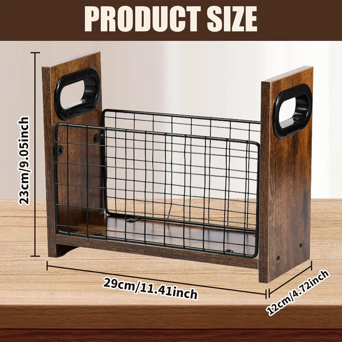 Wooden Desktop Storage Basket Wire Iron Combination Organiser Rustic 29x12x23cm