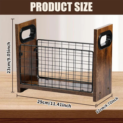 Wooden Desktop Storage Basket Wire Iron Combination Organiser Rustic 29x12x23cm