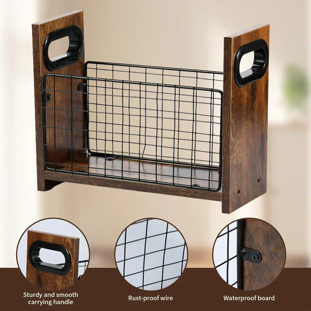 Wooden Desktop Storage Basket Wire Iron Combination Organiser Rustic 29x12x23cm