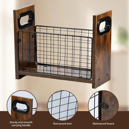 Wooden Desktop Storage Basket Wire Iron Combination Organiser Rustic 29x12x23cm