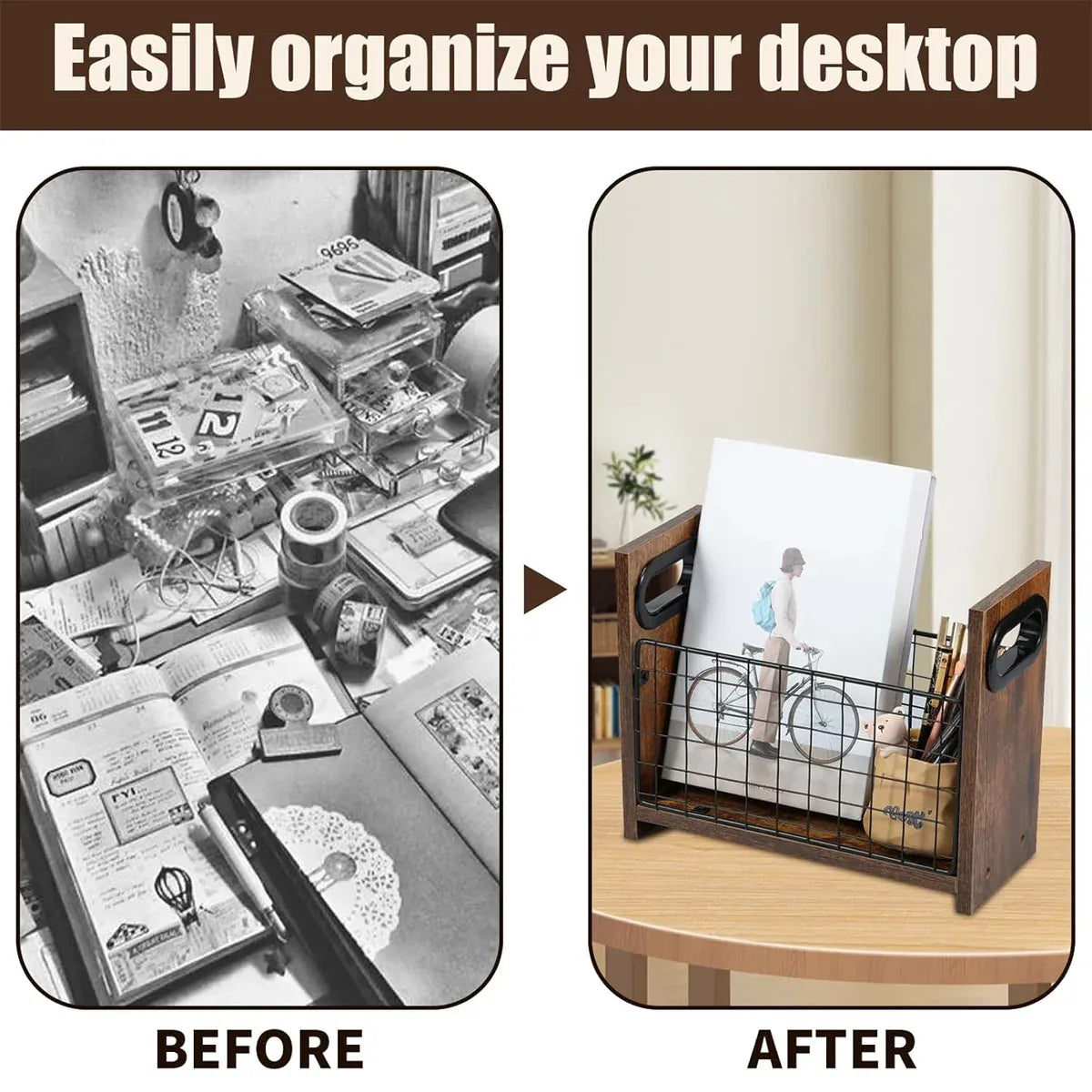 Wooden Desktop Storage Basket Wire Iron Combination Organiser Rustic 29x12x23cm