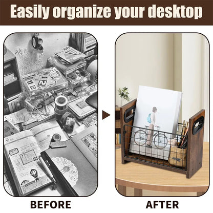 Wooden Desktop Storage Basket Wire Iron Combination Organiser Rustic 29x12x23cm
