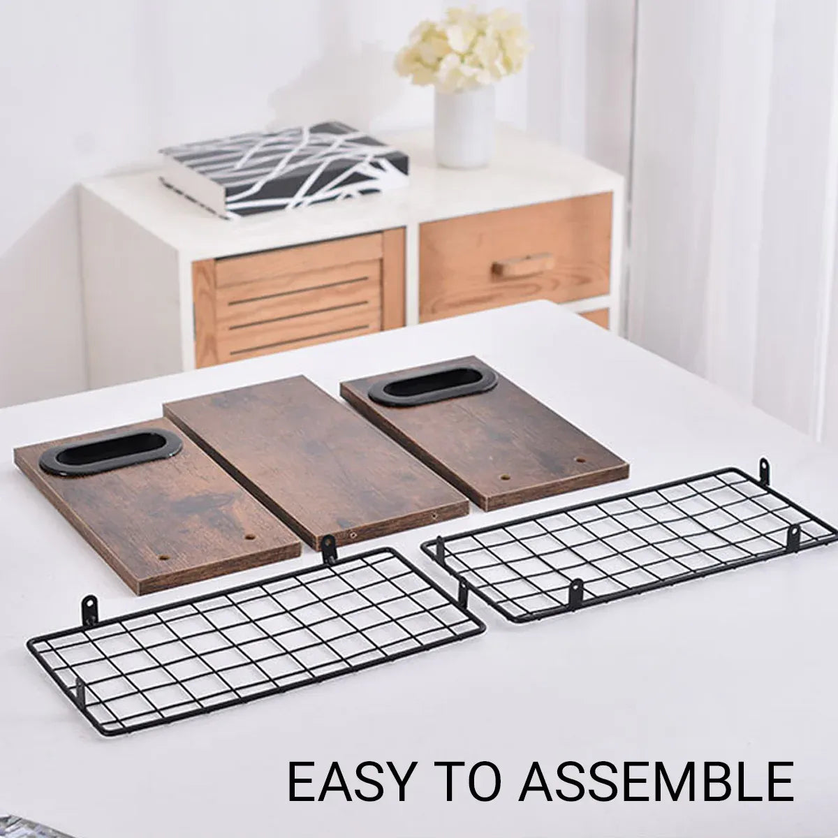 Wooden Desktop Storage Basket Wire Iron Combination Organiser Rustic 29x12x23cm