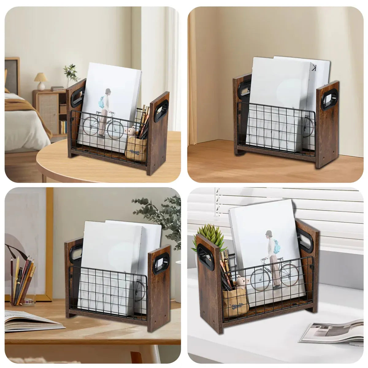 Wooden Desktop Storage Basket Wire Iron Combination Organiser Rustic 29x12x23cm