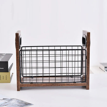 Wooden Desktop Storage Basket Wire Iron Combination Organiser Rustic 29x12x23cm