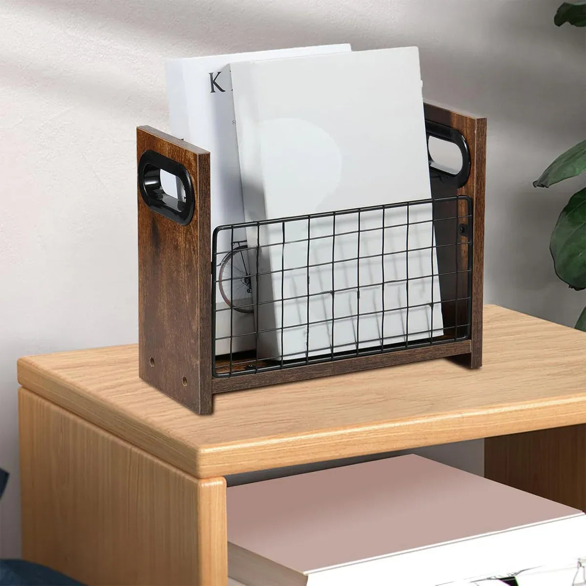 Wooden Desktop Storage Basket Wire Iron Combination Organiser Rustic 29x12x23cm