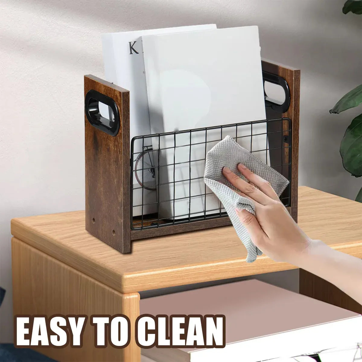 Wooden Desktop Storage Basket Wire Iron Combination Organiser Rustic 29x12x23cm