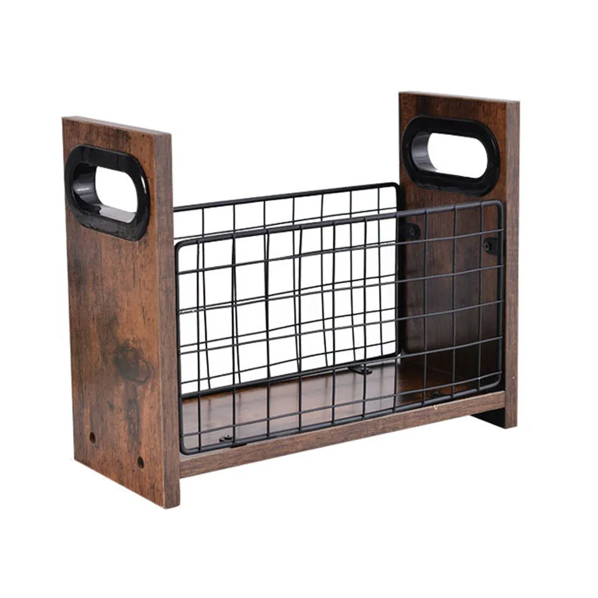 Wooden Desktop Storage Basket Wire Iron Combination Organiser Rustic 29x12x23cm