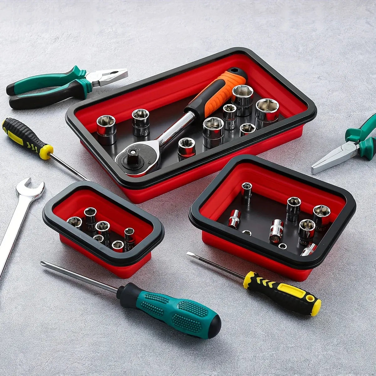 3PCS Foldable Metal Parts Tray Set Silicone Tool Organizer for Garage Repair