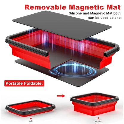 3PCS Foldable Metal Parts Tray Set Silicone Tool Organizer for Garage Repair