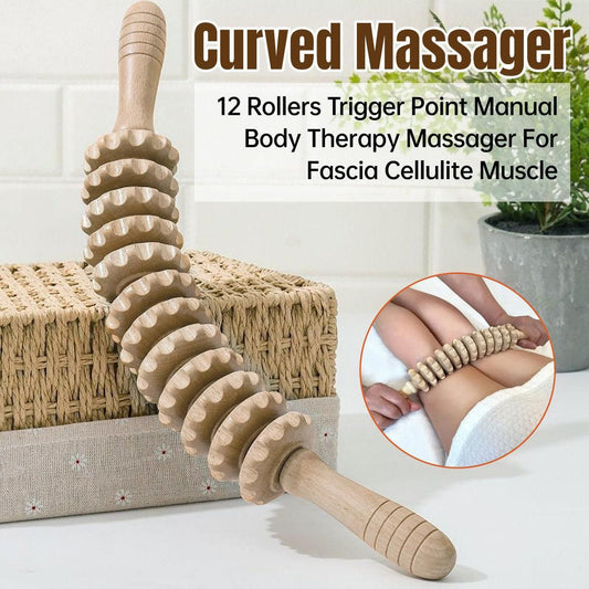 Wooden 12Roller Massage Stick Meridian Therapy Neck Back Thigh Muscle Relaxation