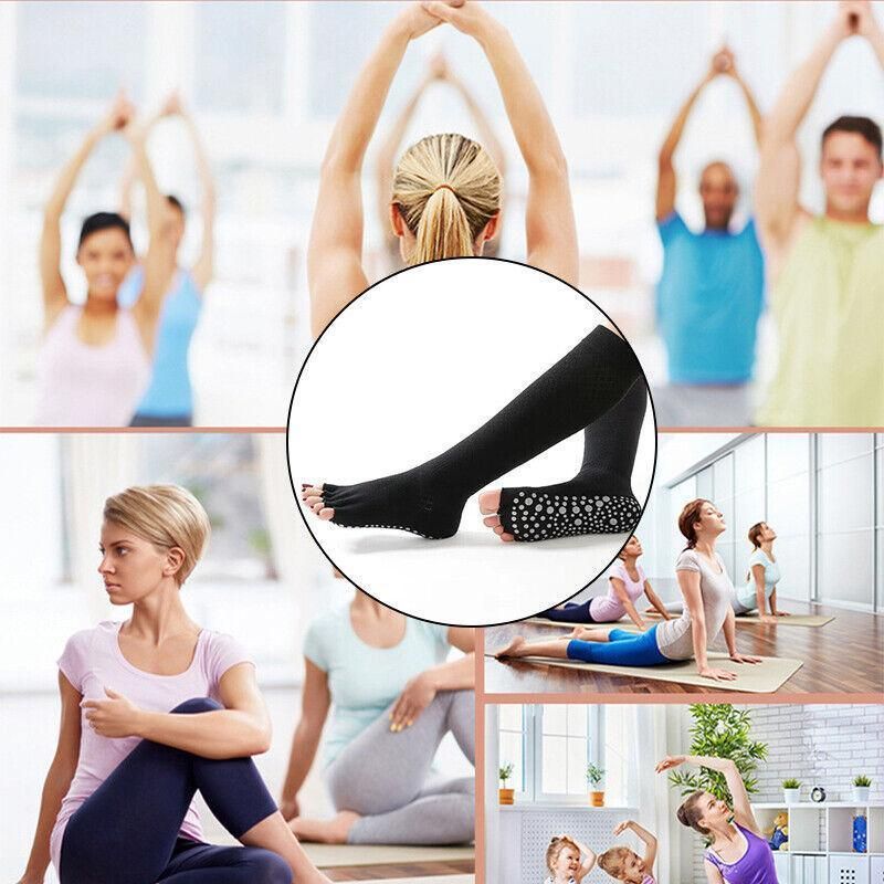 Women Long Massage Pilates Socks Yoga Socks Non Slip Socks Medium Open - Medium Open Toe Black