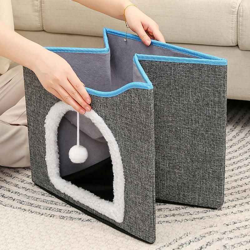 Foldable Pet Cat Calming Bed Hideaway Interactive House Nest Scratching Board - Navy
