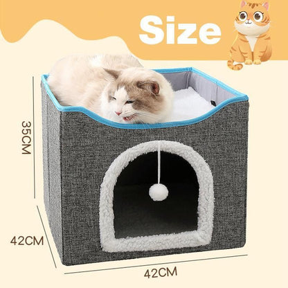 Foldable Pet Cat Calming Bed Hideaway Interactive House Nest Scratching Board - Navy