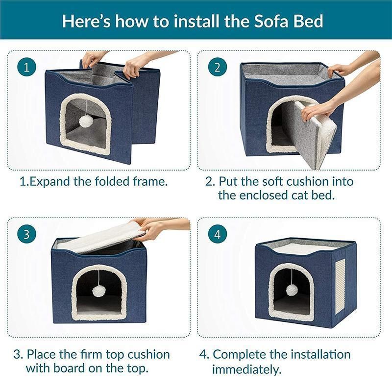 Foldable Pet Cat Calming Bed Hideaway Interactive House Nest Scratching Board - Navy