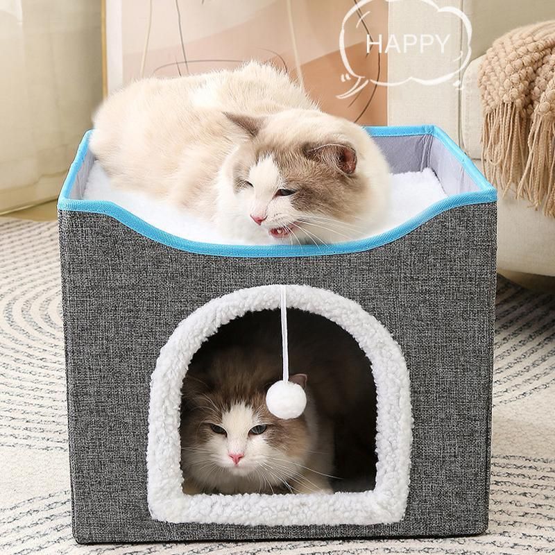 Foldable Pet Cat Calming Bed Hideaway Interactive House Nest Scratching Board - Navy