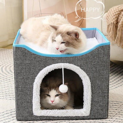 Foldable Pet Cat Calming Bed Hideaway Interactive House Nest Scratching Board - Navy