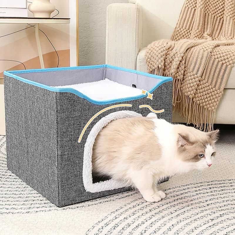 Foldable Pet Cat Calming Bed Hideaway Interactive House Nest Scratching Board - Navy