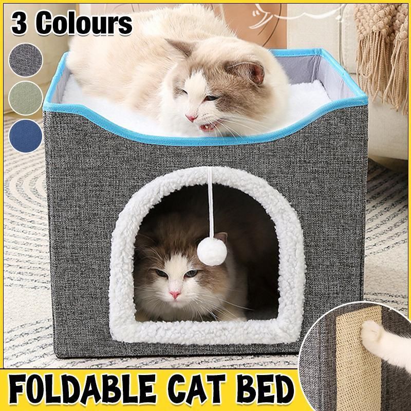Foldable Pet Cat Calming Bed Hideaway Interactive House Nest Scratching Board - Navy