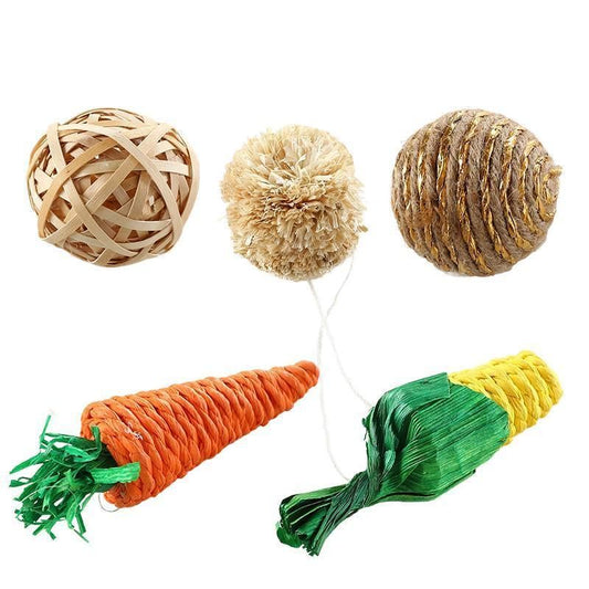 5PCS Pet Balls Rabbit Toys Bunny Straw Rattan Woven Chewing Ball Biting Toys - 5PCS