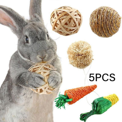 4/5PCS Pet Balls Rabbit Toys Bunny Straw Rattan Woven Chewing Ball Biting Toys - 5PCS