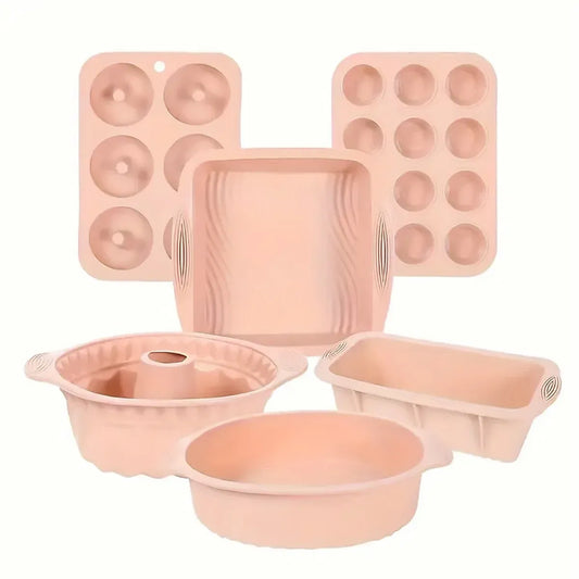 6PCS Silicone Cake Mould Set Baking Pans Nonstick Cupcake Cookie Tools Reusable - Pink