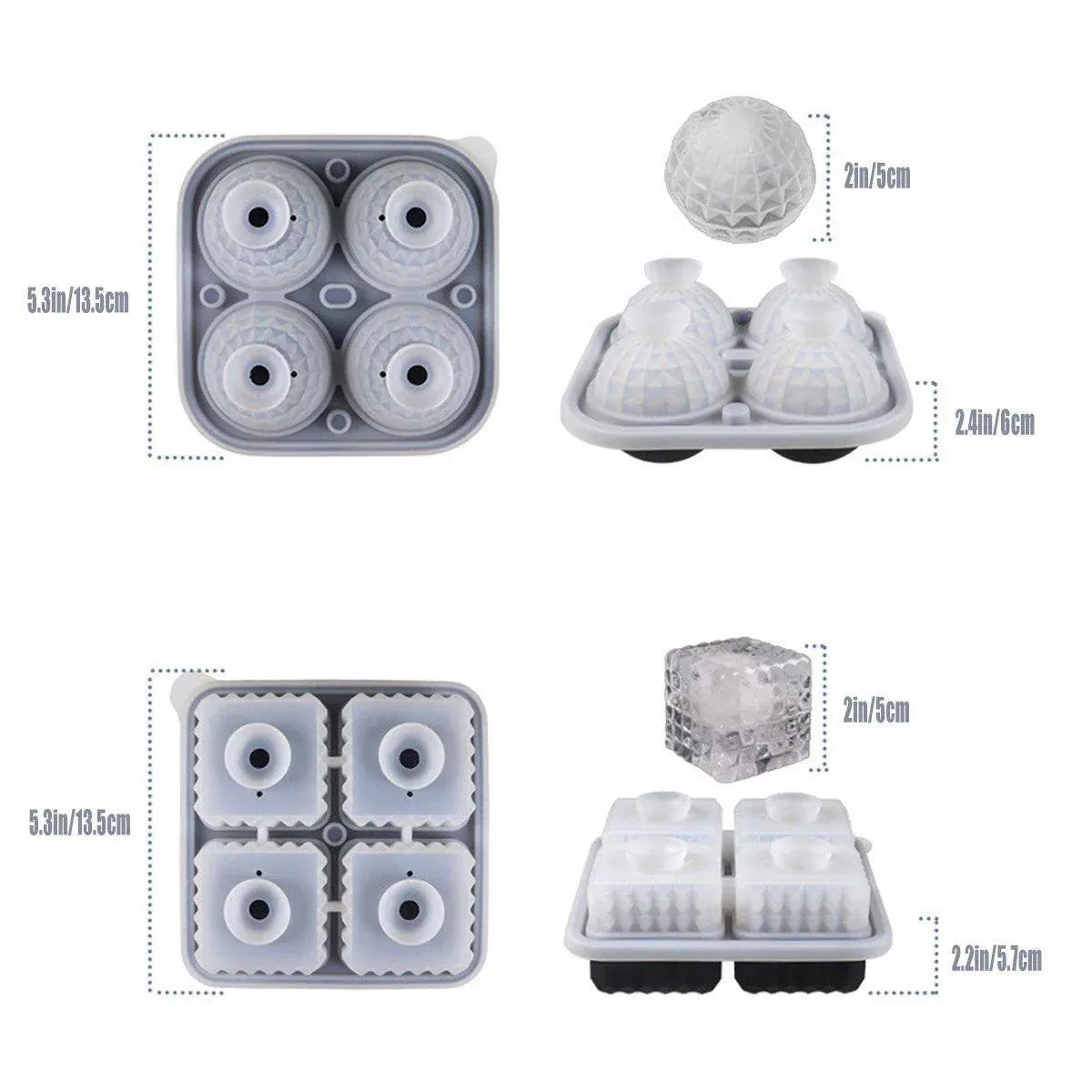 2PCS Silicone Ice Cube Tray Round and Square Ice Ball Maker for Whiskey Cocktails - Blue